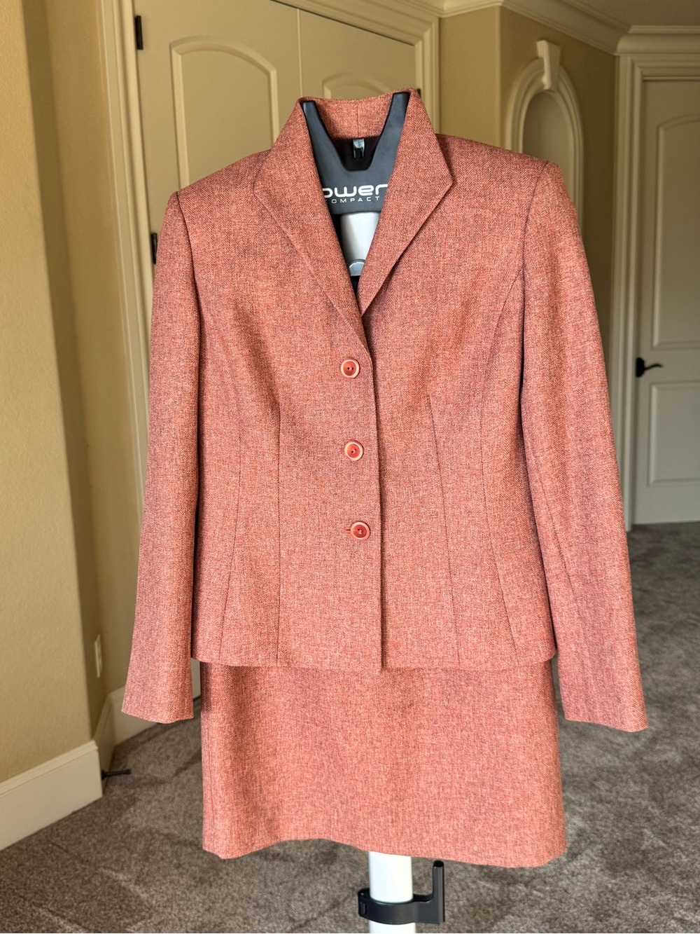 Le Suit Coral Pink Tailored Blazer and Skirt Set